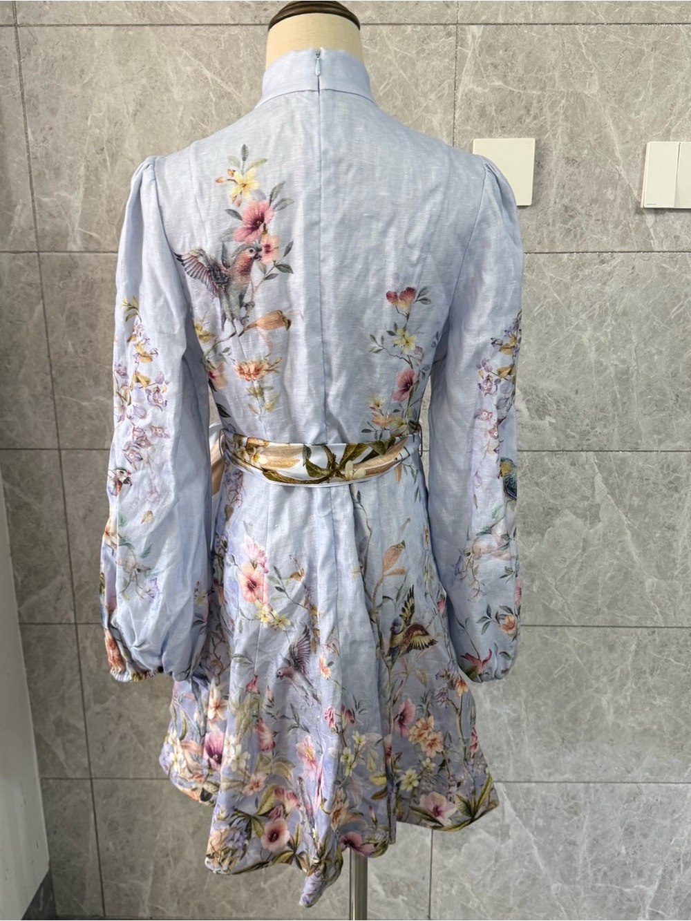 Zimmermann Powder Blue Floral & Bird Tie-Waist Mini Dress - Picture 4 of 11